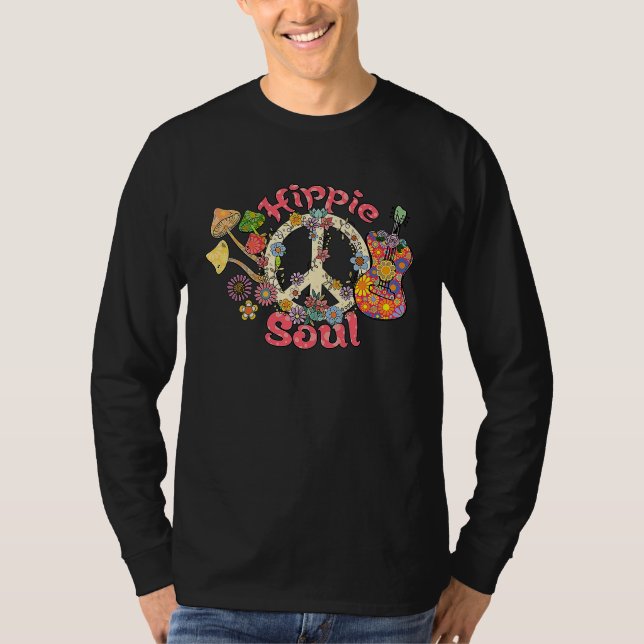 Hippie Soul Guitar Peace Sign Floral Funny Hippie  T Shirt (Framsida)