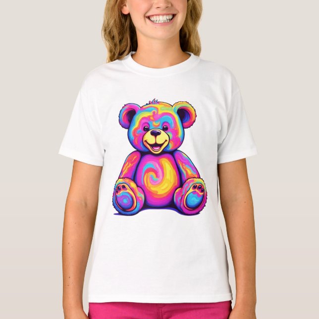 Hippie Teddybjörn Regnbåge Psykedelisk Ljus Färg T Shirt (Framsida)