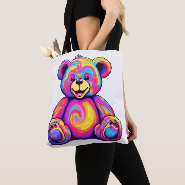 Hippie Teddybjörn Regnbåge Psykedelisk Ljus Färg Tygkasse (Närbild)
