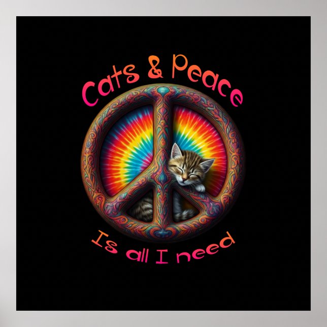 Hippie Tie Dye Cat Lovers Fredstecken Psychedelic Poster (Framsidan)