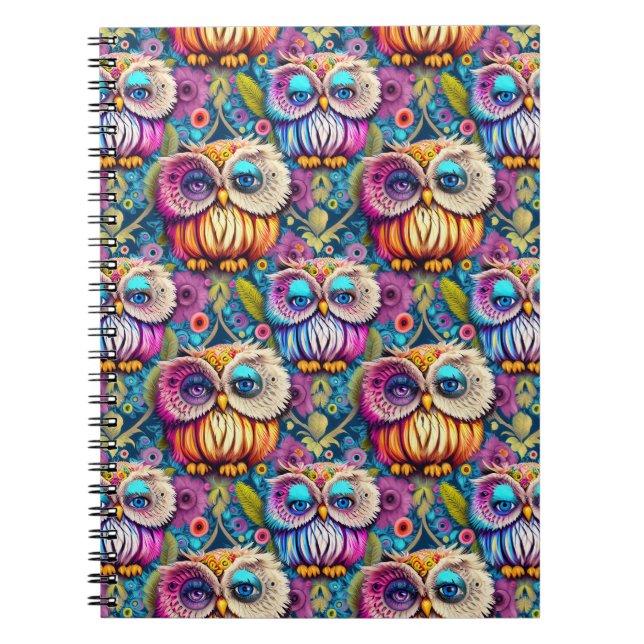 Hippie Trippy Psychedelic Colorful Uggla Anteckningsbok (Framsidan)