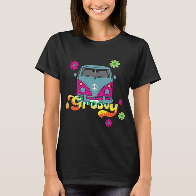 Hippie-van-Retro-Blommigt-Buss T Shirt (Framsida)