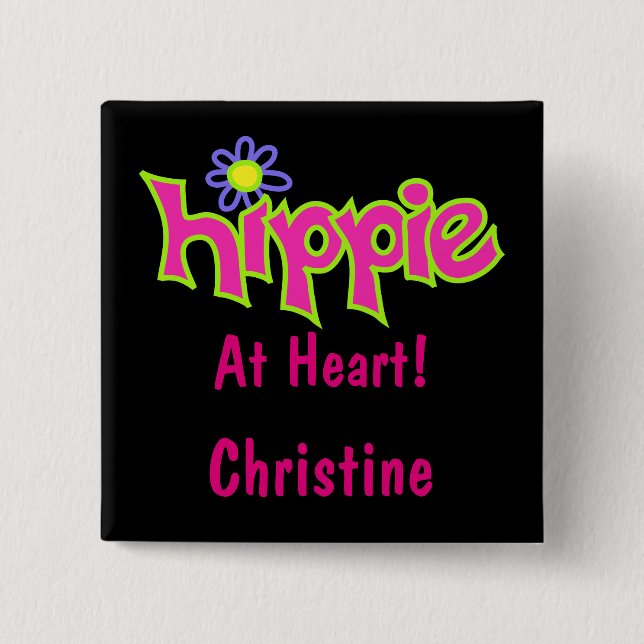 Hippie vid Heart Shock rosa Art Black Namn Badge Knapp (Framsida)
