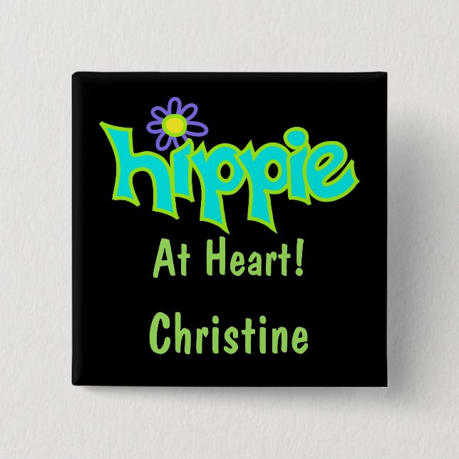Hippie vid Heart Turcos Art Black Namn Badge Knapp (Framsida)