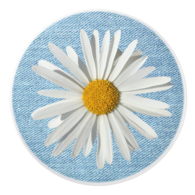 Hippie Vit Prästkrage Blomning Ljusblå Denim Knopp (Framsidan)