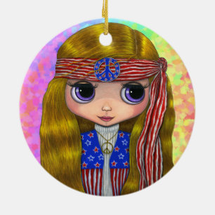 Hippiechick i den gulliga stars och julgransprydnad keramik