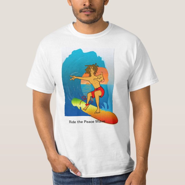 Hippiesurfaren, rider freden vinkar t shirt (Framsida)