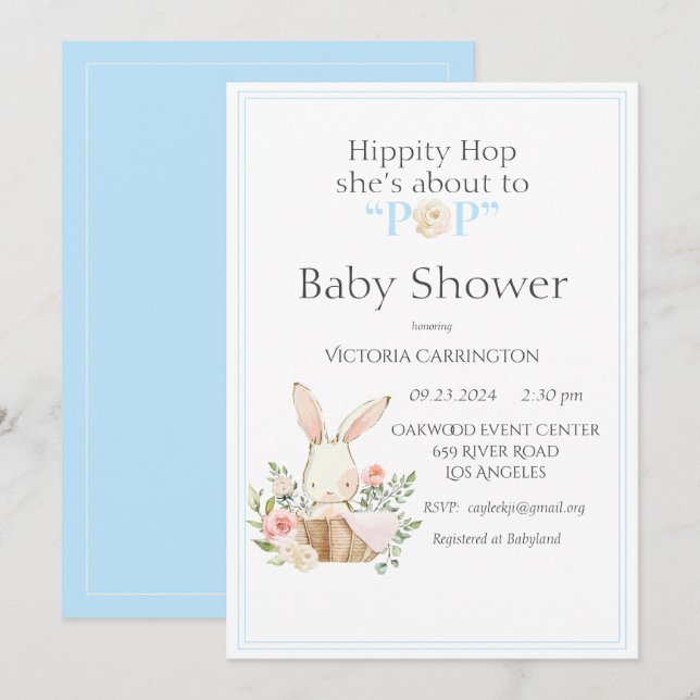 Hippity Skutt Bunny Blue Modern Baby Shower Inbjudningar (Fram/baksida)