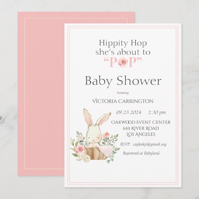 Hippity Skutt Bunny Rosa Modern Baby Shower Inbjudningar (Fram/baksida)