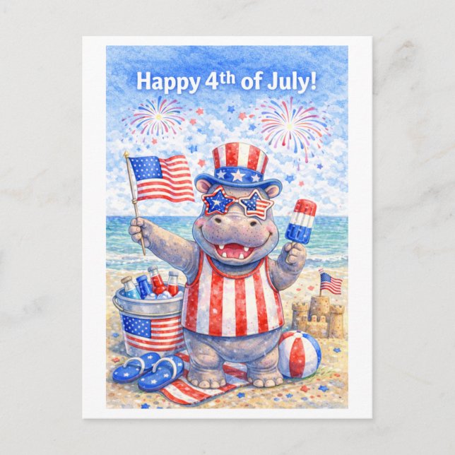 Hippo  4th July Independence Day at Beach  Vykort (Framsida)