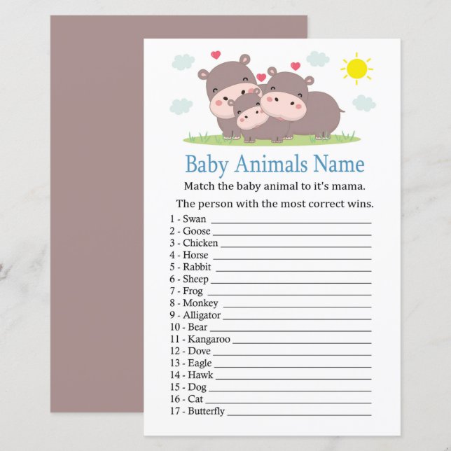 Hippo Baby djur Namn-spel (Fram/baksida)
