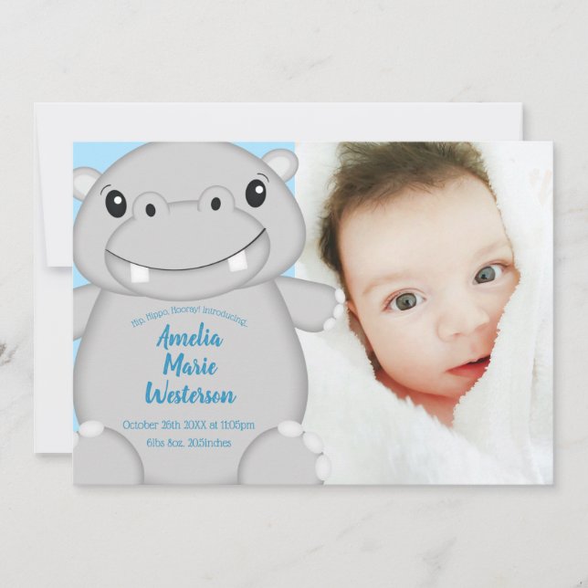 Hippo Baby Shower Blue Inbjudningar (Framsida)