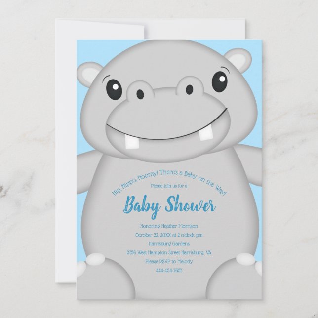 Hippo Baby Shower Blue Inbjudningar (Framsida)
