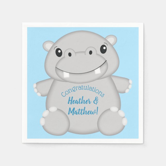 Hippo Baby Shower Blue Pappersservett (Framsidan)