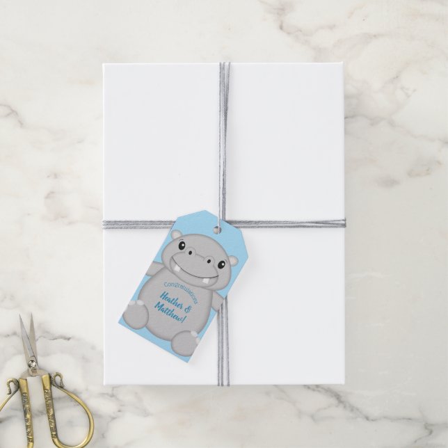 Hippo Baby Shower Blue Presentetikett (Med Snöre)