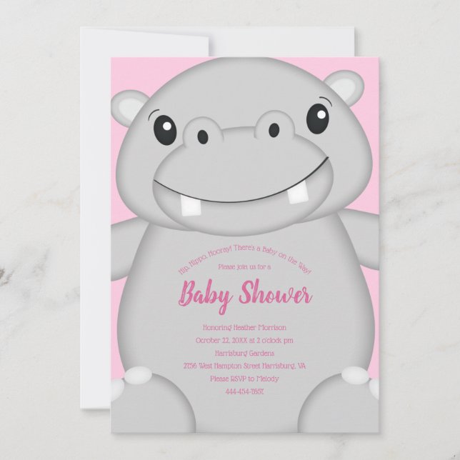 Hippo Baby Shower Rosa Inbjudningar (Framsida)