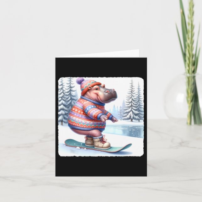 Hippo Balancing on Snowboard. Snowboarding Snowboa Kort (Framsida)