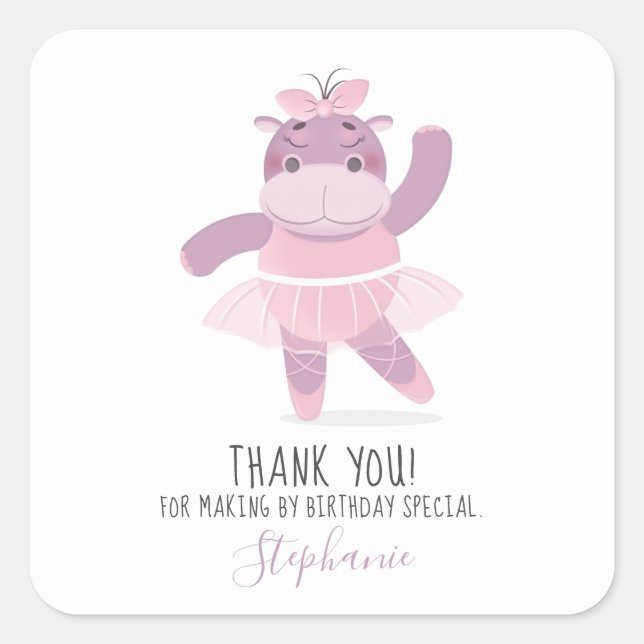 Hippo Ballerina Square Sticker Fyrkantigt Klistermärke (Framsida)
