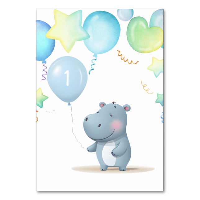 Hippo Birthday blå Bordsnummer (Framsidan)