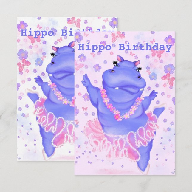 Hippo Birthday Card Ballerina Hippo - ditt namn (Fram/baksida)