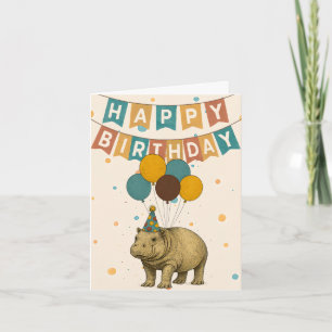 Hippo Birthday Card - Cute Animal with Balloy Kort