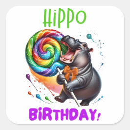 Hippo Birthday Cheerful, Colorful Candy Swirl | Fyrkantigt Klistermärke