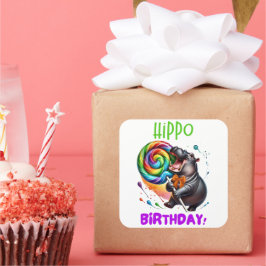 Hippo Birthday Cheerful, Colorful Candy Swirl | Fyrkantigt Klistermärke