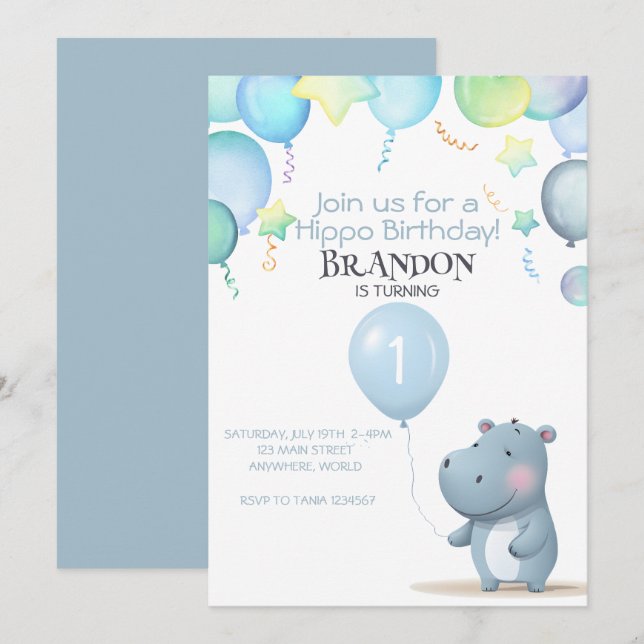 Hippo Birthday mjuk, enkel inbjudan (Fram/baksida)