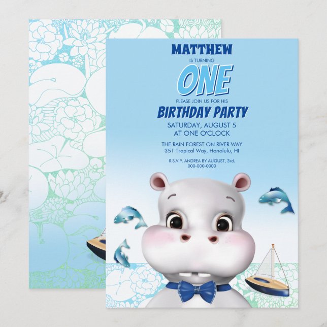 Hippo Blue Fish Boy Birthday Inbjudningar (Fram/baksida)