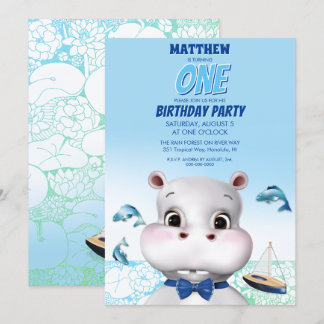 Hippo Blue Fish Boy Birthday Inbjudningar