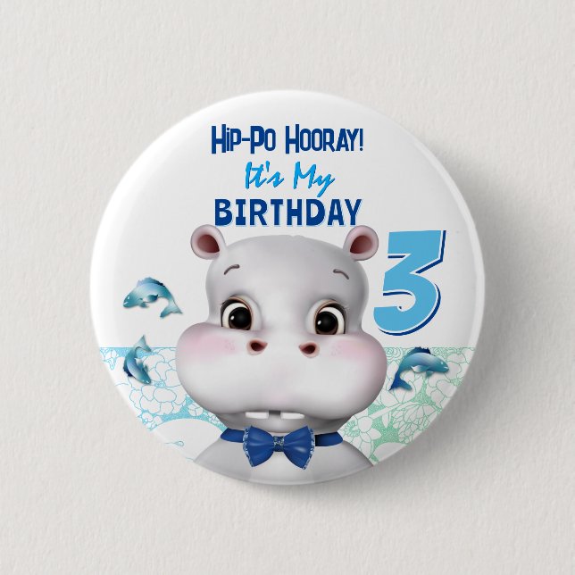 Hippo Blue Fish Boy Birthday Knapp (Framsida)