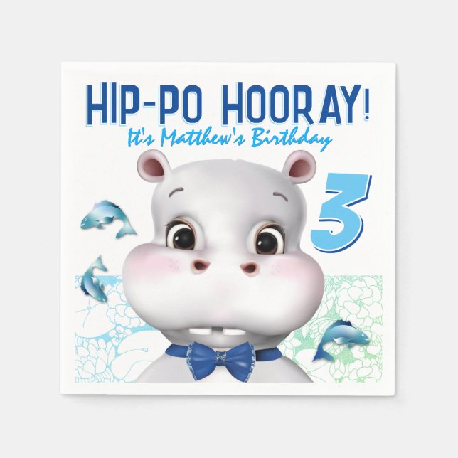 Hippo Blue Fish Boy Birthday Pappersservett (Framsidan)