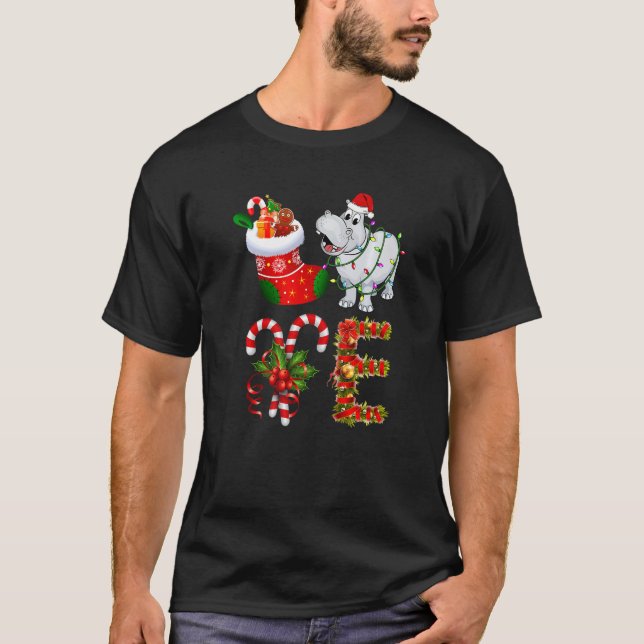 Hippo Christmas Lights Led  Santa Hat Christmas T Shirt (Framsida)