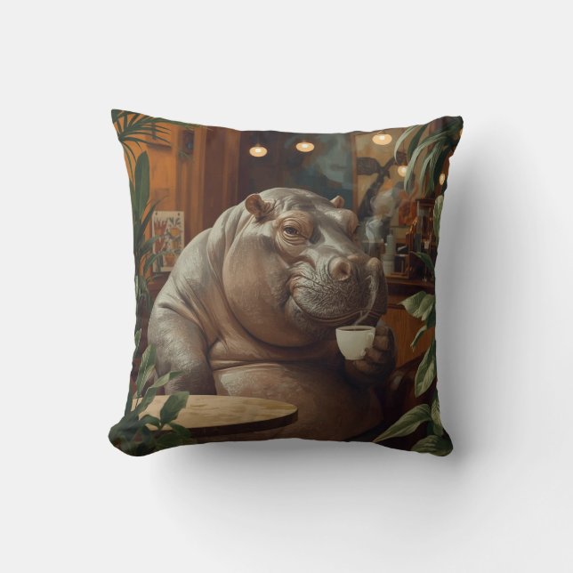 Hippo drinks coffee. Surreal style Kudde (Framsida)