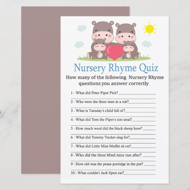 Hippo-familjen Nursery Rhyme Quiz-babyduschspel (Fram/baksida)