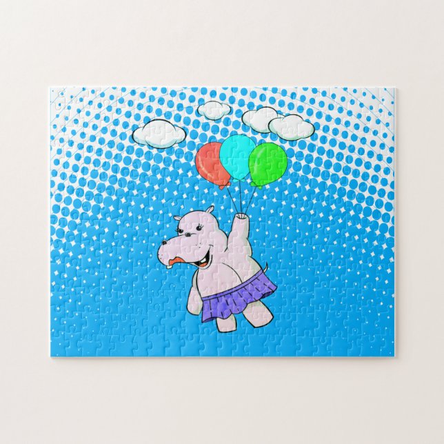 Hippo flyger med ballonger Cute Baby djur Pussel (Horisontell)