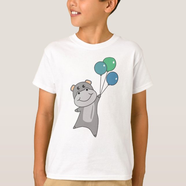 Hippo flyger med ballonger sötdjur för t shirt (Framsida)
