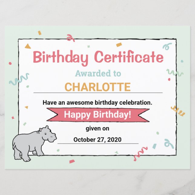 Hippo Födelsedagsfest Hippo HippopotamusCertificat (Framsida)