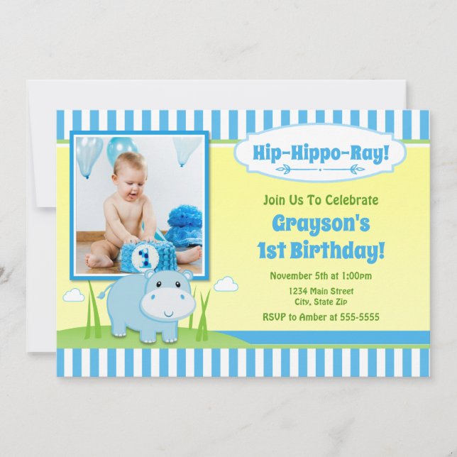 Hippo-födelsedagsinbjudan, Blue Hippo Boy Inbjudningar (Framsida)