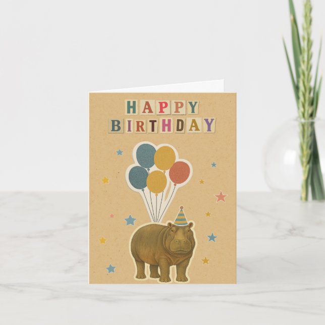 Hippo-födelsedagskort - ungeldjur med ballonger kort (Framsida)