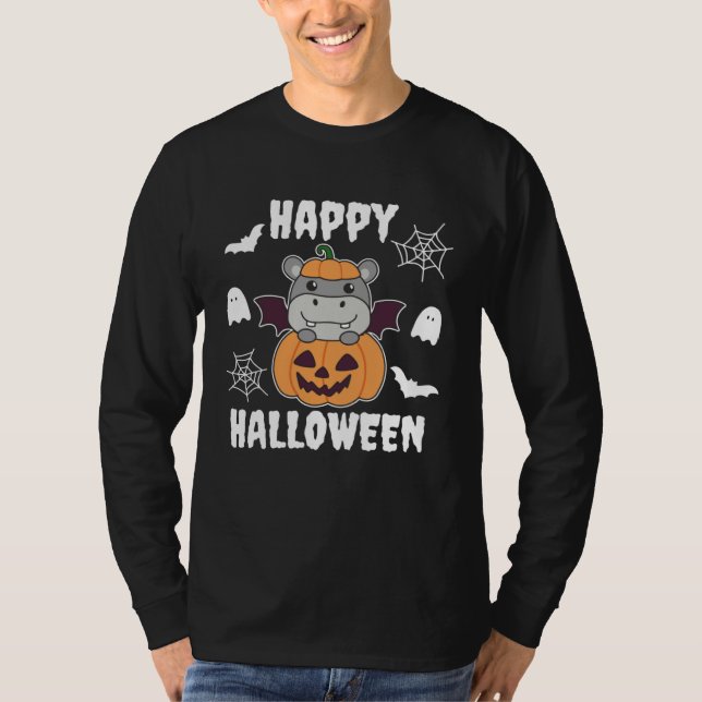 Hippo Happy Halloween Pumpkin Bat Hippos Halloween T Shirt (Framsida)