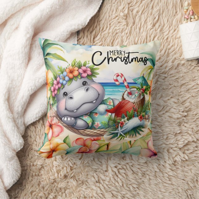 Hippo Hawaii Christmas Greeting  Kudde (Filt)