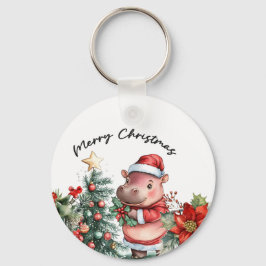Hippo Holiday Cheer Button Nyckelring