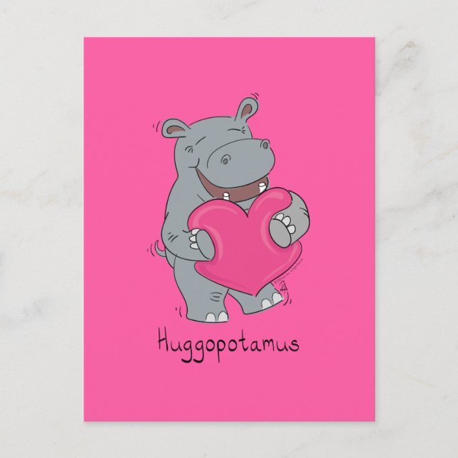 Hippo Hugs Valentines Rosa för vykort (Framsida)