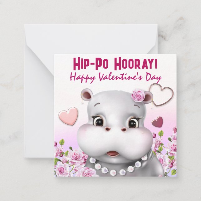 Hippo i Pearls Rosa Blommigt Classroom Kärlek Anteckningskort (Framsida)