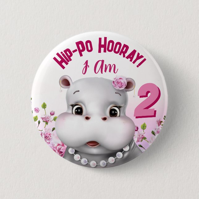 Hippo i Pearls Rosa Blommigt Girl Birthday Knapp (Framsida)