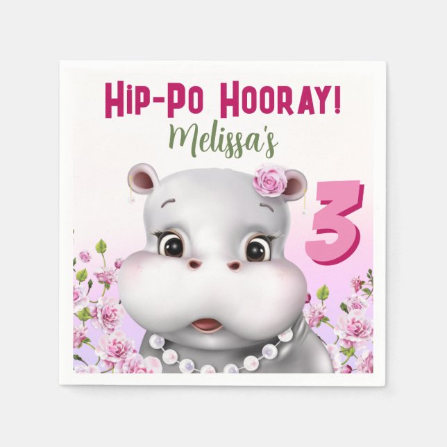 Hippo i Pearls Rosa Blommigt Girl Birthday Pappersservett (Framsidan)