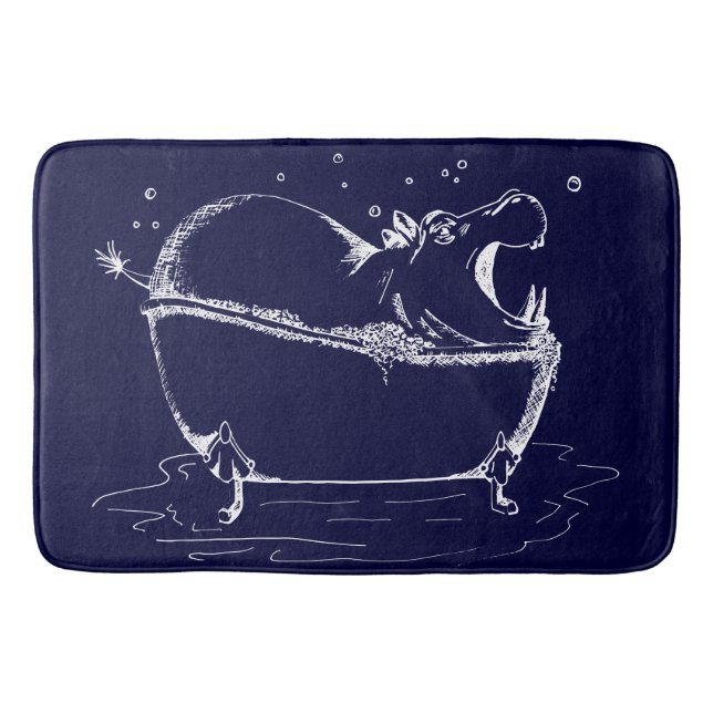 Hippo i Roligten Bath Illustration Navy Badrumsmatta (Framsidan)