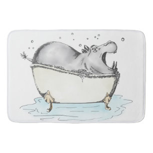 Hippo i Roligten Bath Illustration Watercolor Badrumsmatta