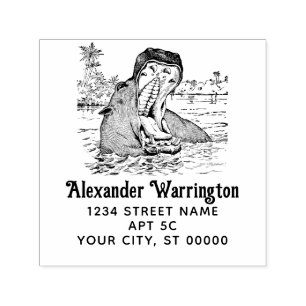 Hippo i Vatten Jaws Wide Open Namn Returadress Självfärgande Stämpel